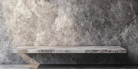 Granite wall shelf in a minimalist room featuring gray textures and soft lighting providing ample space for product display and text.