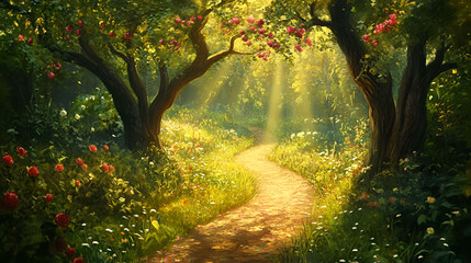 Sunlit Path Through A Magical Rose Garden