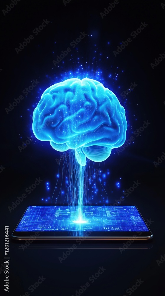 Poster digital brain concept emerging from tablet with glowing blue neural connections and data visualizati