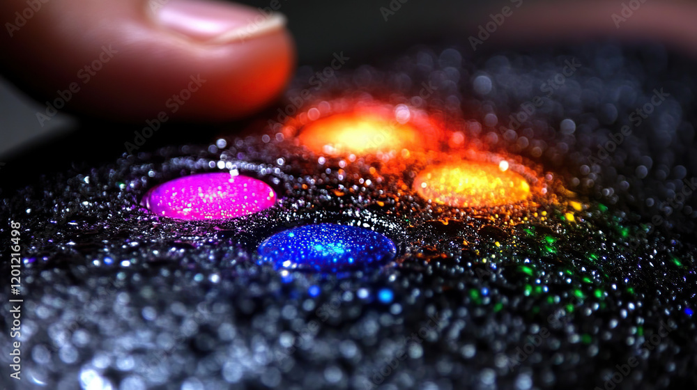 Poster close-up of colorful illuminated buttons with finger pressing one button and wet surface