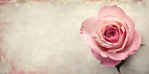 Vintage textured paper background with a soft pink rose positioned right, featuring pastel tones and a subtle aged appearance.