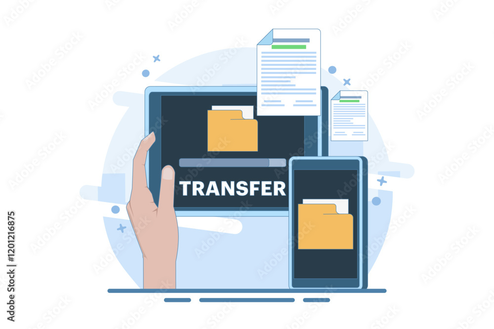 Poster data and document transfer concept. copy files, data exchange, application synchronization, file sha