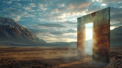 a high-definition image of a rusty steel door in a barren desert half-open with a radiant white...