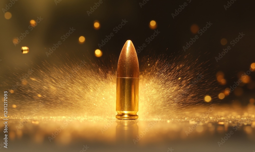 Poster golden bullet with explosive sparks, showcasing dynamic motion and vivid lighting effects, symbolizi