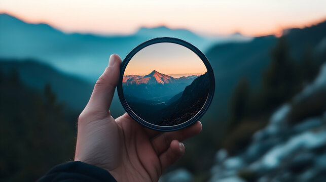 A mountain peak viewed through a camera filter held by hand, emphasizing focus and perspective in landscape photography. Generative AI