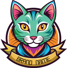 Colorful Cat Logo Vector Illustration for Cat Food Shop on Solid White Background