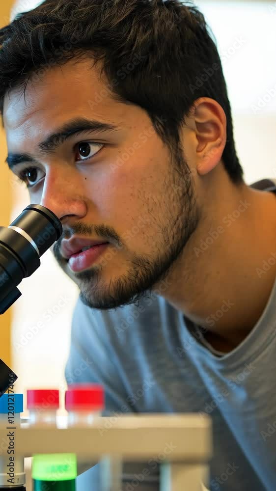 Poster young scientist examining samples through a microscope in a laboratory setting during daylight hours