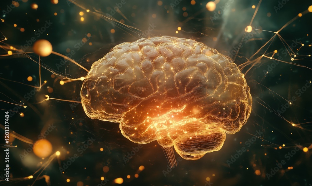 Poster illuminated brain with neural connections and glowing particles representing cognitive activity and 