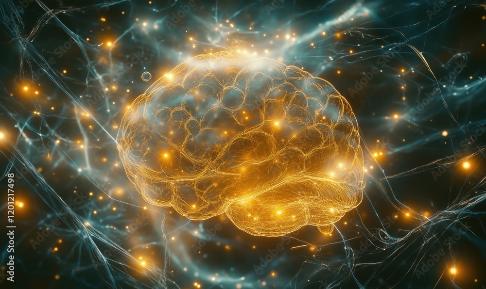 Poster illuminated brain with neural connections and glowing synapses, abstract representation of human int