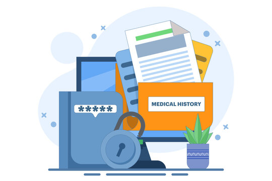 Patient medical records, information protection and privacy. Health care data and medical records. Health care protect patient medical records on clipboard. Flat vector illustration on background.