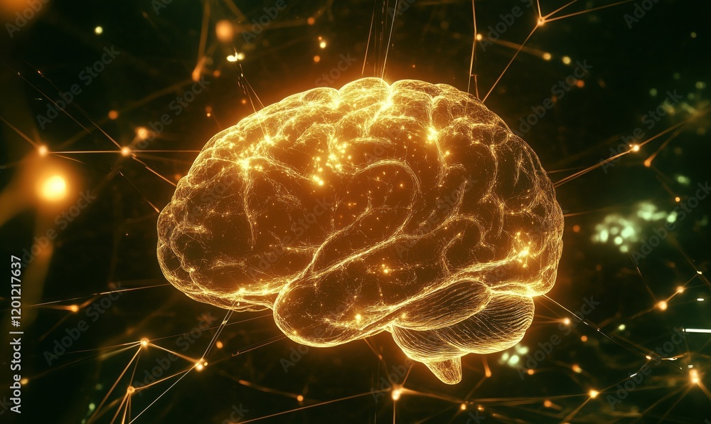 Poster glowing brain illustration representing neural connections and cognitive functionality in a digital 