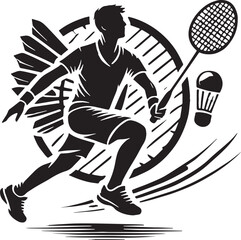 Black Color Badminton Silhouette Vector Illustration, Solid White Background