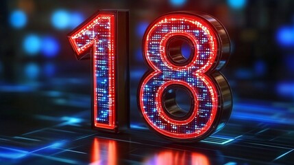 Glowing Digital 3D Number 18 in Futuristic Style on Dark Blue Background with Neon Light, Rendering