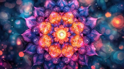 Naklejka premium Mandala watercolor idea. A vibrant abstract floral design with colorful petals and glowing elements.