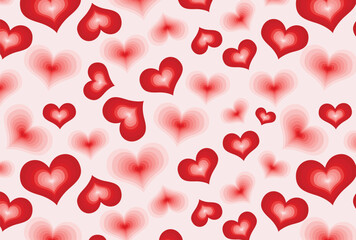 Seamless pattern featuring vibrant red gradient hearts on soft pastel pink background. Perfect for Valentine Day, love-themed designs, wedding invitations, greeting cards, wrapping paper, decorations.