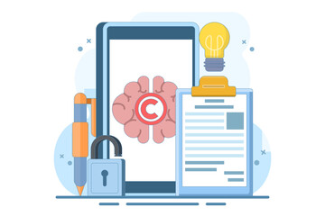 Intellectual property concept. Copyright. Small authors protect legal information ideas with trademarks. Screen templates for landing pages, templates, interfaces, web, mobile apps, posters, banners