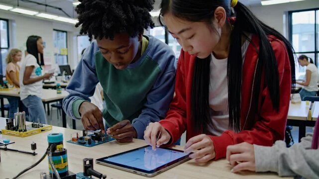 Diverse teenage students collaborating and working together on a technology project in a school classroom, camera zooming in, video