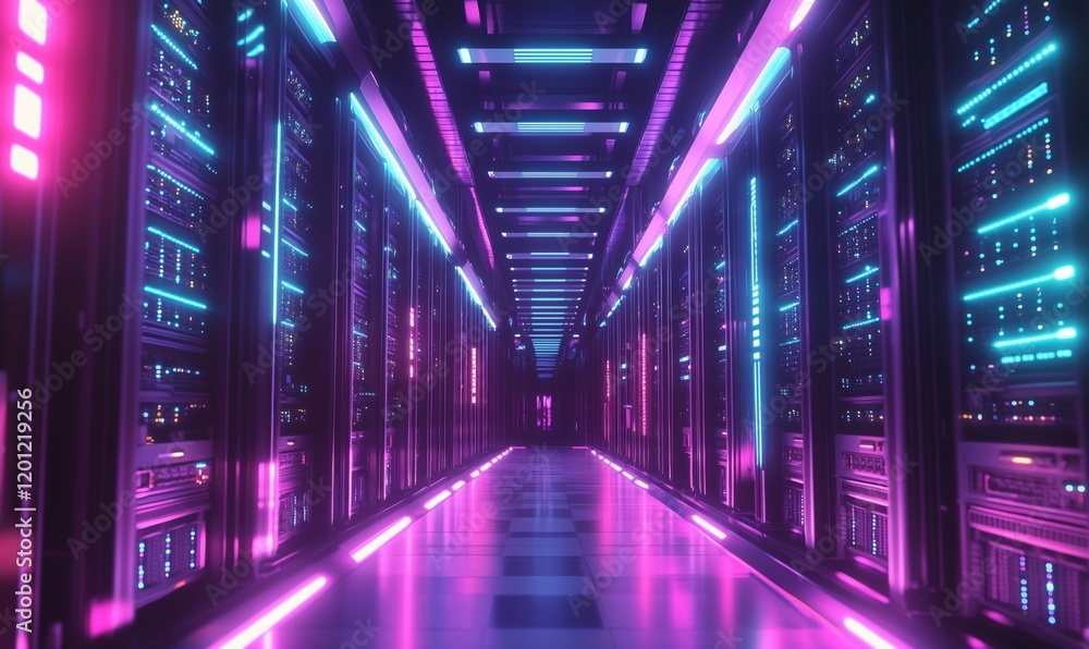 Poster futuristic data center corridor illuminated with neon lights, showcasing rows of servers and advance