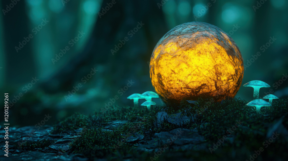 Aufkleber enchanting scene with a glowing amber orb in a mystical forest setting