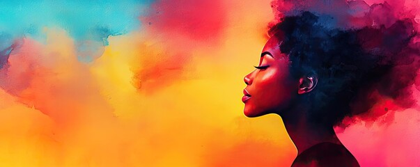 Glazed watercolor idea. A vibrant portrait of a woman against a colorful background filled with abstract clouds.