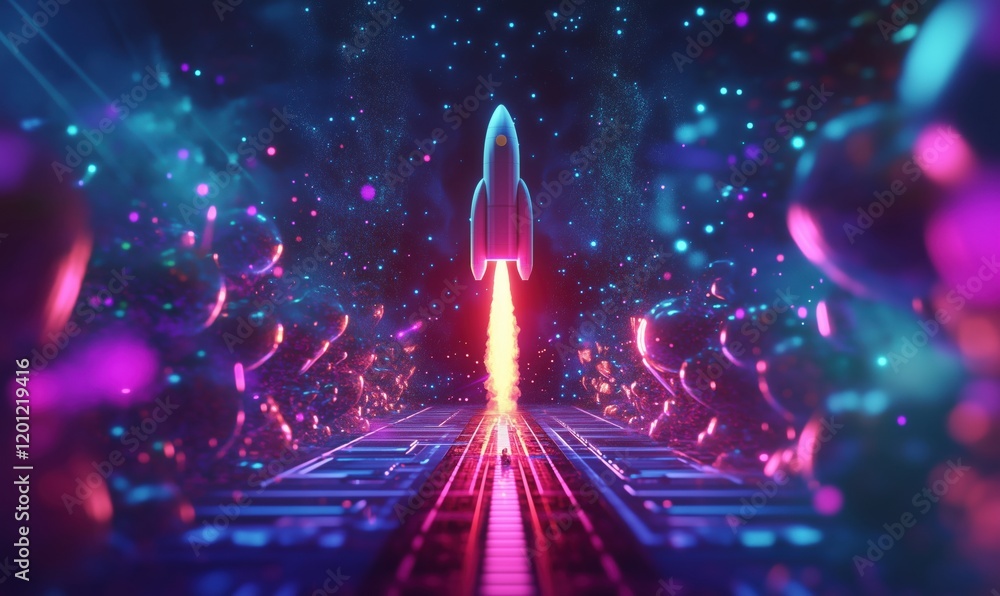 Poster rocket launching into colorful cosmic space with neon lights and futuristic elements