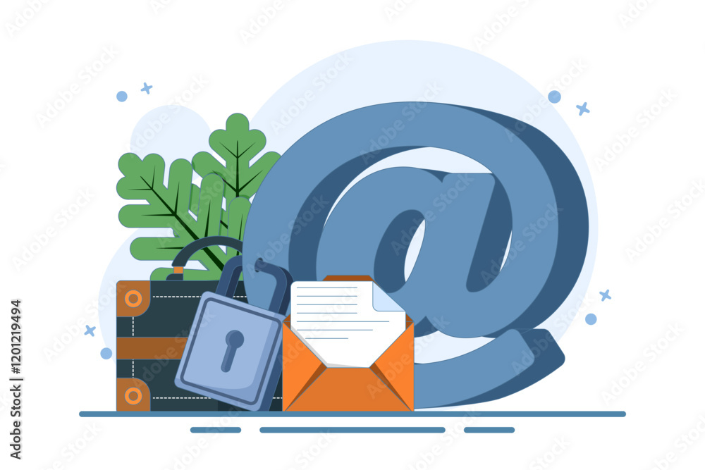 Poster strong padlock security concept on email symbol. email security protection, security system to prote