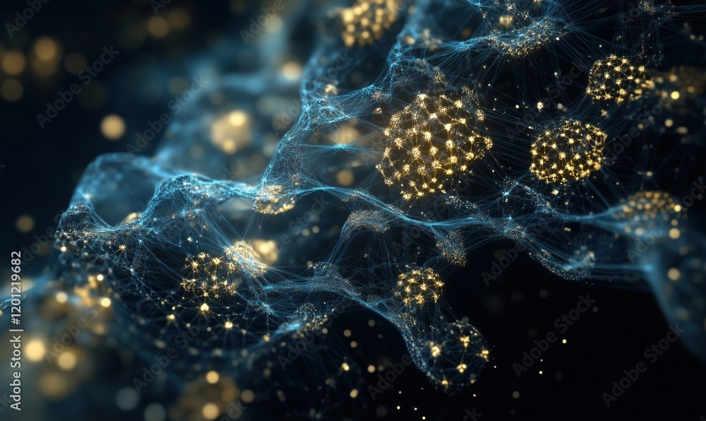 Poster abstract digital network structure with glowing nodes and connections, representing data flow and te