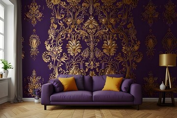 A close-up view of a rich royal purple wallpaper with intricate golden patterns, A rich, royal purple tapestry with intricate golden accents Generative AI
