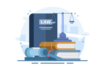 Law and Justice Concept. Scales of justice, supreme court building and judge's gavel. Supreme Court. Criminal trial advocate, lawyer consulting with client. Flat vector illustration on background.