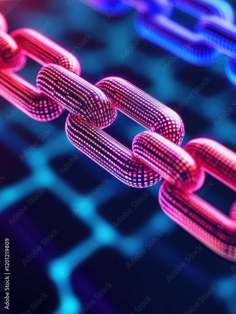 Poster vibrant digital chain symbolizing connections and blockchain technology in a futuristic environment.