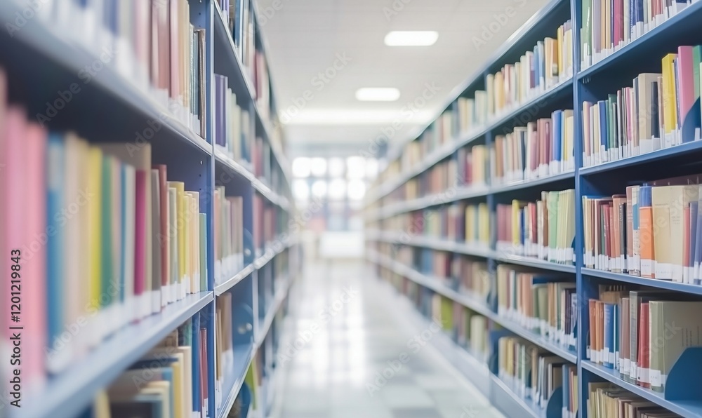 Poster library interior with rows of colorful books on shelves, bright lighting, and spacious aisles creati