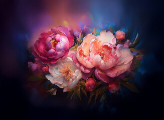 Fototapeta premium A vibrant bouquet of pink and white peonies, artfully arranged against a dark, moody background. The soft light enhances the delicate petals and lush foliage.