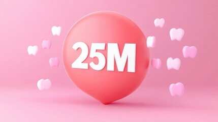 Social Media 25 Million Notification With Flying Symbolic Like Icons On Pastel Background.