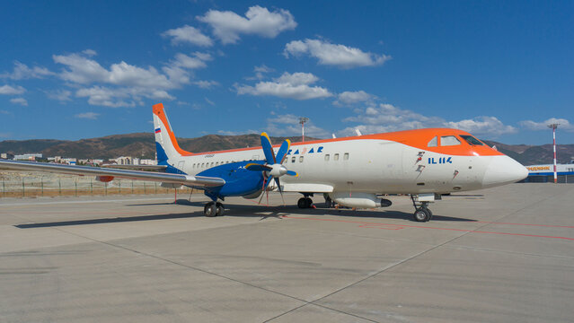 Hydroaviation salon - 2014. Il-114 is Russian twin-engine turboprop aircraft of scientific and production enterprise "Radar MMS" are parked in static parking lot. Gelendzhik, Russia, September 6, 2014