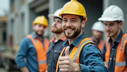 Obraz premium Team of engineers showing thumbs up at construction site