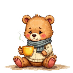 A cute sad sick teddy bear with a hot drink in a yellow cup. Healthcare. Ideal for medicine for children. Transparent background