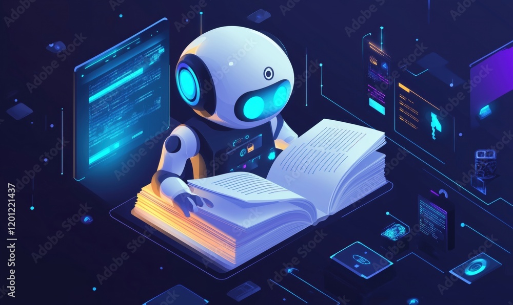 Poster robot reading book in digital environment, showcasing advanced technology and artificial intelligenc