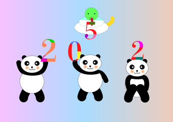 かわいいパンダ三匹とへびがカラフルな2025の文字を持っているベクターイラスト