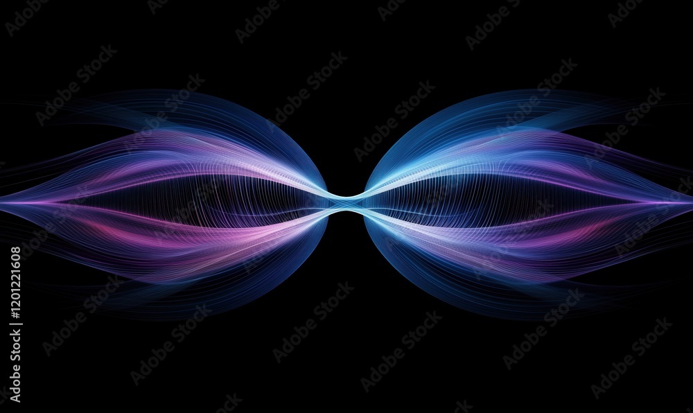 Poster abstract wave patterns in blue and purple hues creating a symmetrical design on a black background