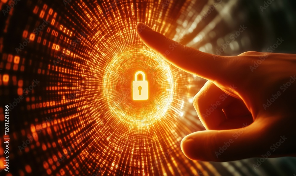 Poster digital security concept with hand reaching towards glowing padlock in binary data vortex, symbolizi