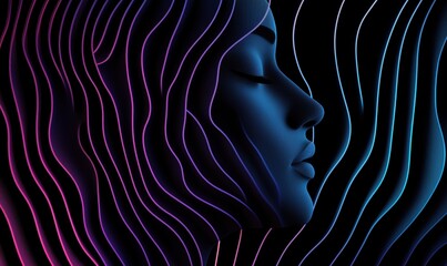 Abstract profile of a woman with flowing lines in vibrant colors, showcasing a blend of blue and purple hues against a dark background