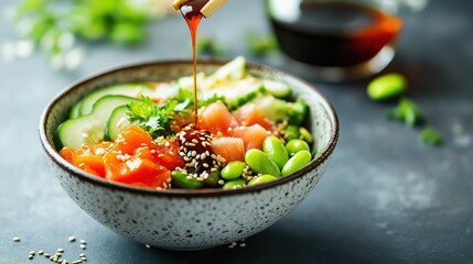 Fresh ingredients in a vibrant poke bowl