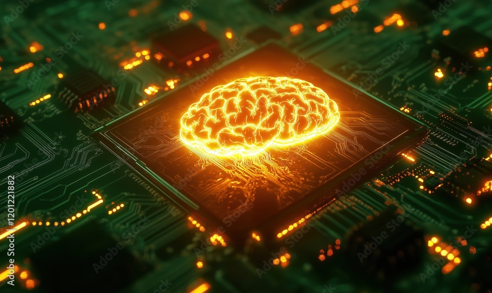 Poster artificial intelligence brain concept on circuit board, glowing neural network representation, futur