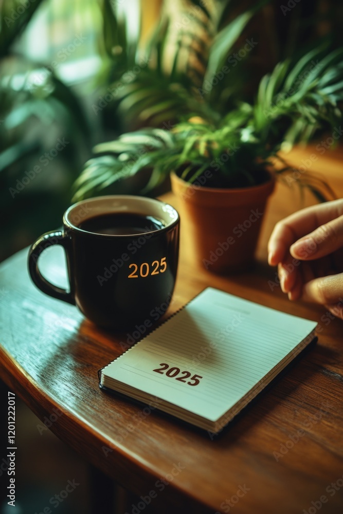 Poster A person sips their coffee and writes in a notebook on a table