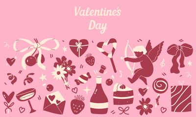 Valentine's Day greeting card, banner, poster template with hand drawn romantic elements