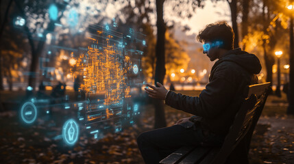 Mann mit unsichtbarer Augmented Reality Steuerung in einer futuristischen Stadt. Generative AI KI