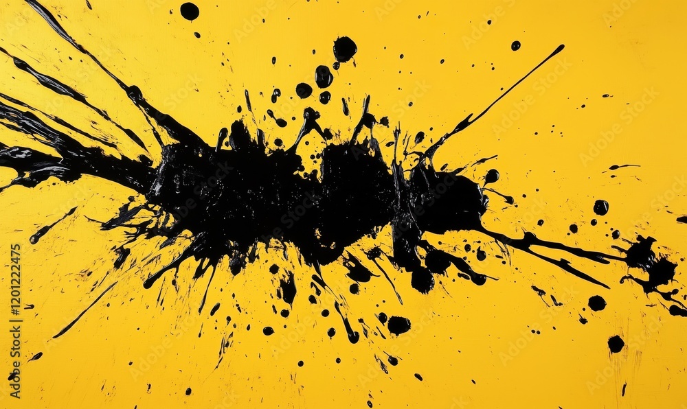 Poster abstract black paint splatter on vibrant yellow background creating dynamic visual contrast and ener