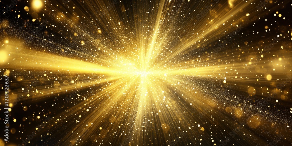 Poster golden light explosion with sparkling particles and radiant beams creating a mesmerizing cosmic effe