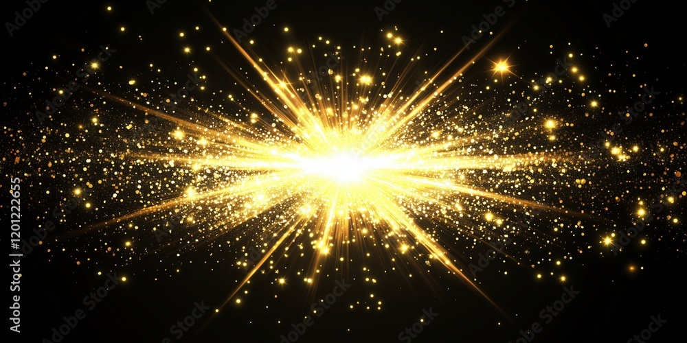 Poster radiant explosion of golden light with sparkling particles and beams, creating a mesmerizing cosmic 
