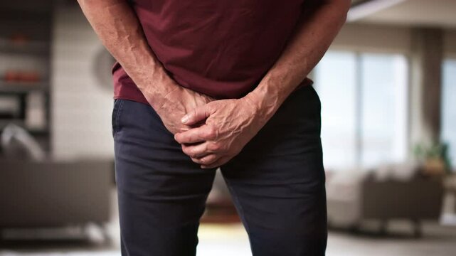 Bowel Incontinence Pain. Man Holding Crotch